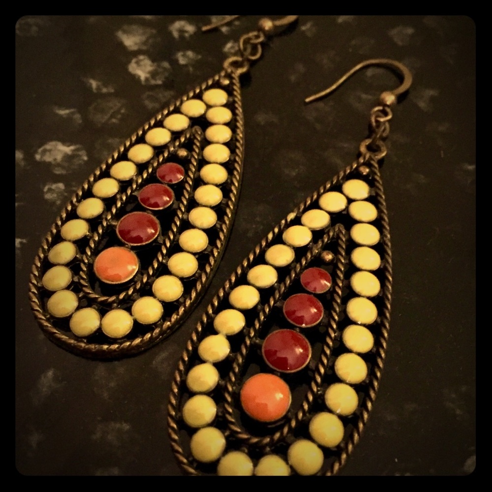 Large, dangle earrings with red, yellow and orange